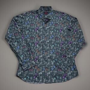 JARED LANG After Hours Mens Large Slim Fit Woodland Dragonfly Dark Green Shirt